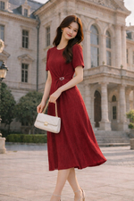 Đầm đỏ dự tiệc cổ tròn nhún eo một bên