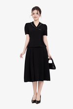 Áo đen công sở cổ vest phối viền