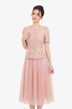 Chân váy lưới hồng dáng xòe dài