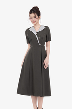 Đầm xám công sở dáng xòe phối màu