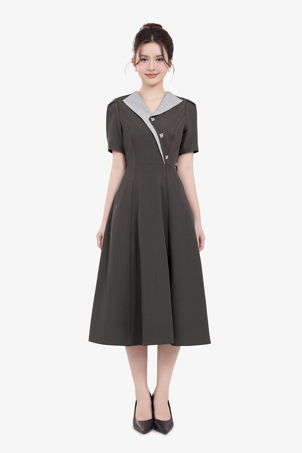 Đầm xám công sở dáng xòe phối màu