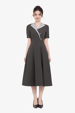 Đầm xám công sở dáng xòe phối màu