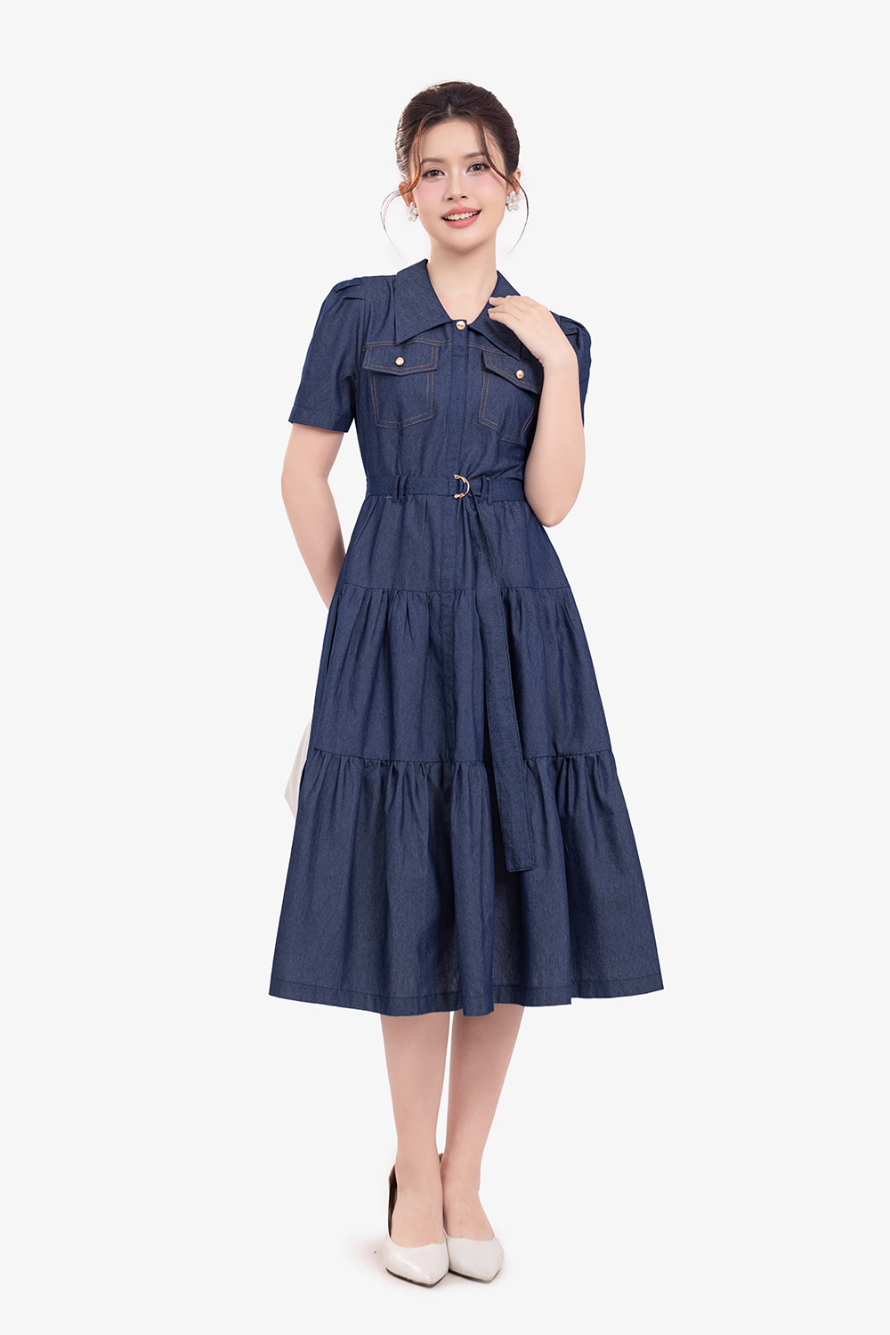 Đầm sơ mi denim xòe phối thắt lưng