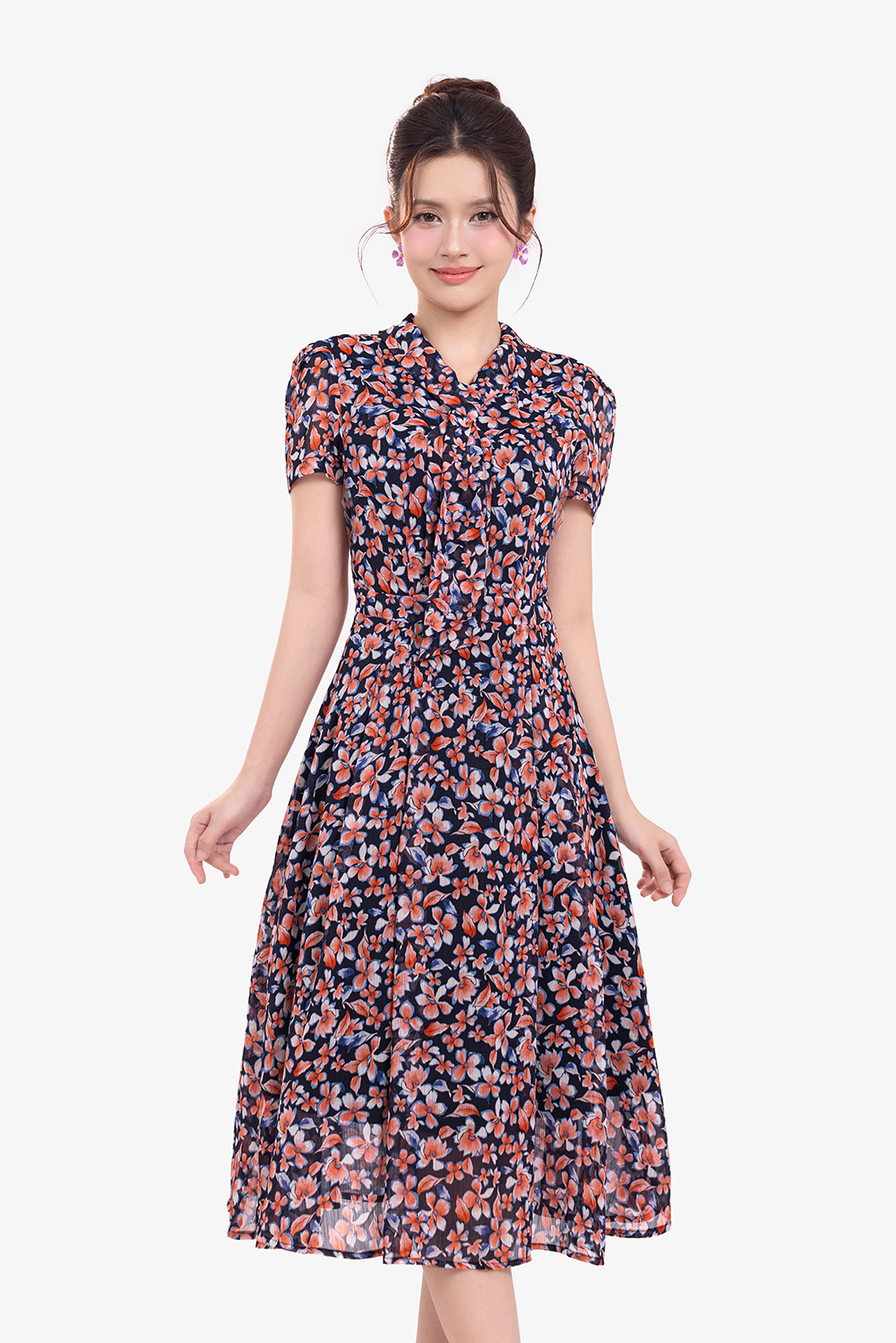 Đầm voan hoa dáng xòe cổ phối nơ