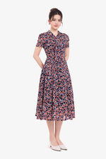 Đầm voan hoa dáng xòe cổ phối nơ