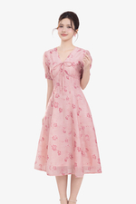 Đầm hoa dáng chữ A xòe cổ V đính nơ