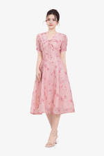 Đầm hoa dáng chữ A xòe cổ V đính nơ