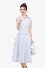 Đầm xòe kẻ sọc cổ sơ mi phối túi