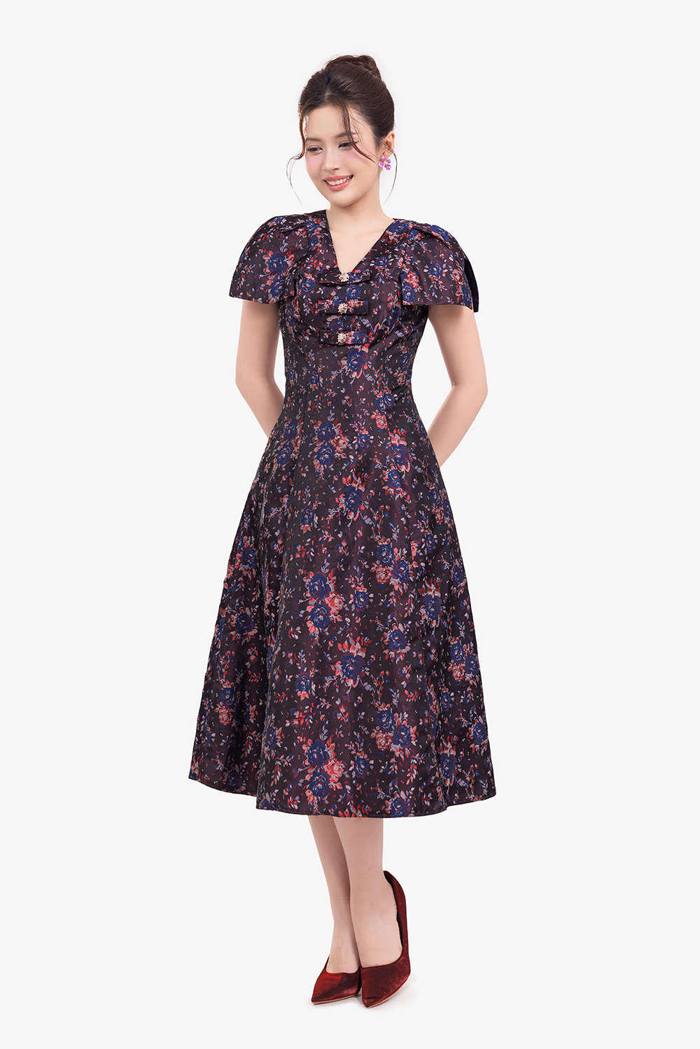 Đầm tafta hoa dự tiệc dáng xòe