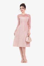 Đầm tweed phối tơ hồng dáng A thắt nơ cổ