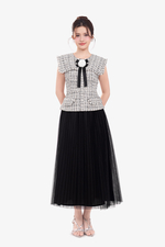 Đầm dự tiệc tweed phối lưới đính hoa