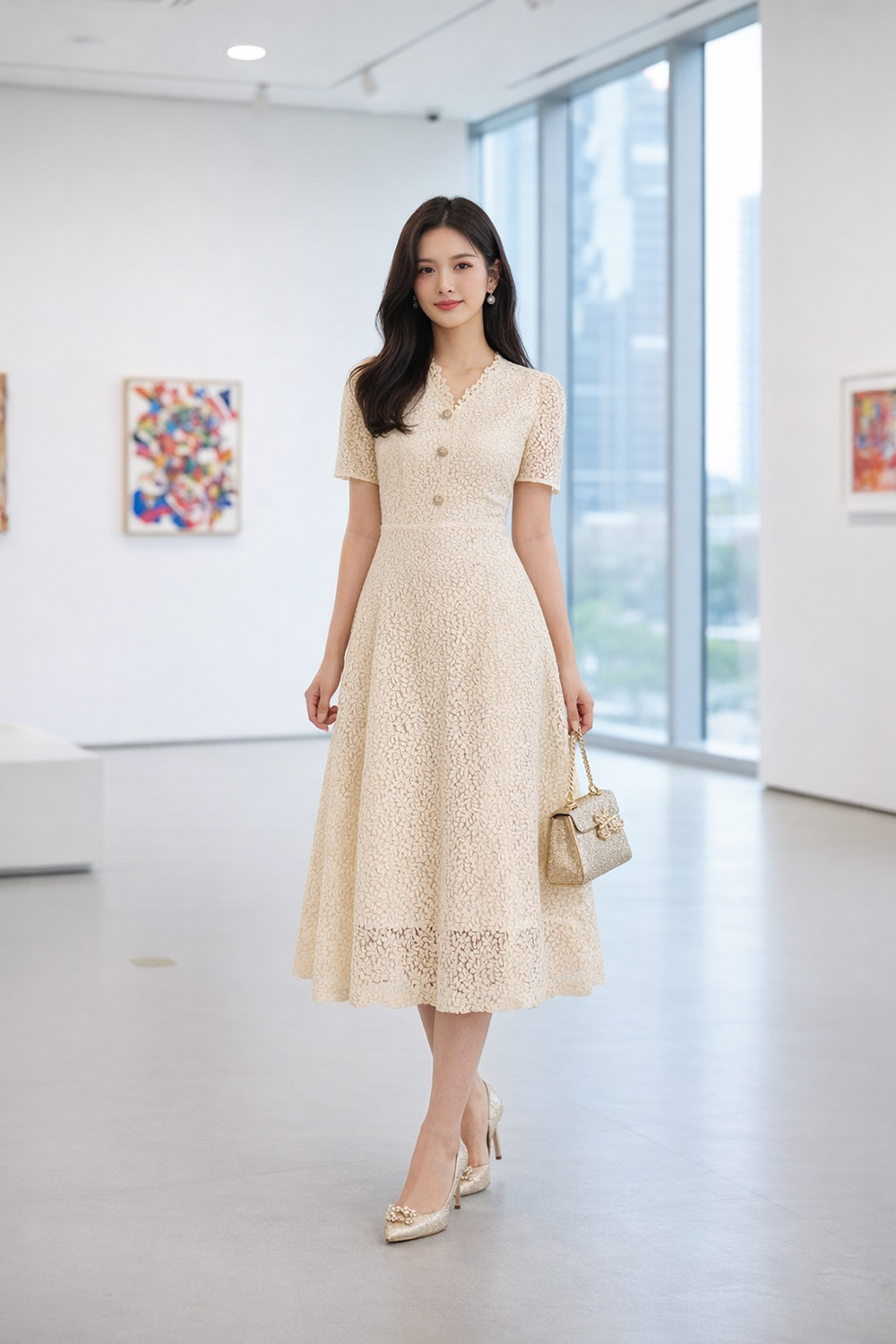 Đầm ren dự tiệc dáng xòe màu kem