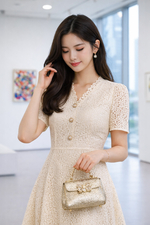 Đầm ren dự tiệc dáng xòe màu kem