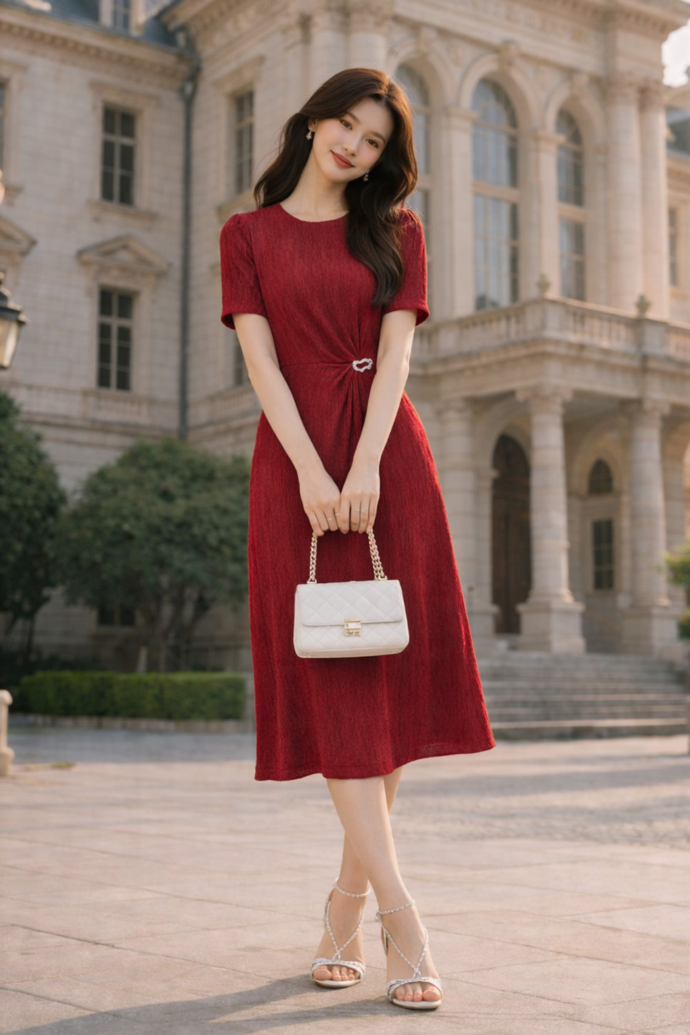 Đầm đỏ dự tiệc cổ tròn nhún eo một bên