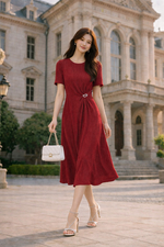 Đầm đỏ dự tiệc cổ tròn nhún eo một bên