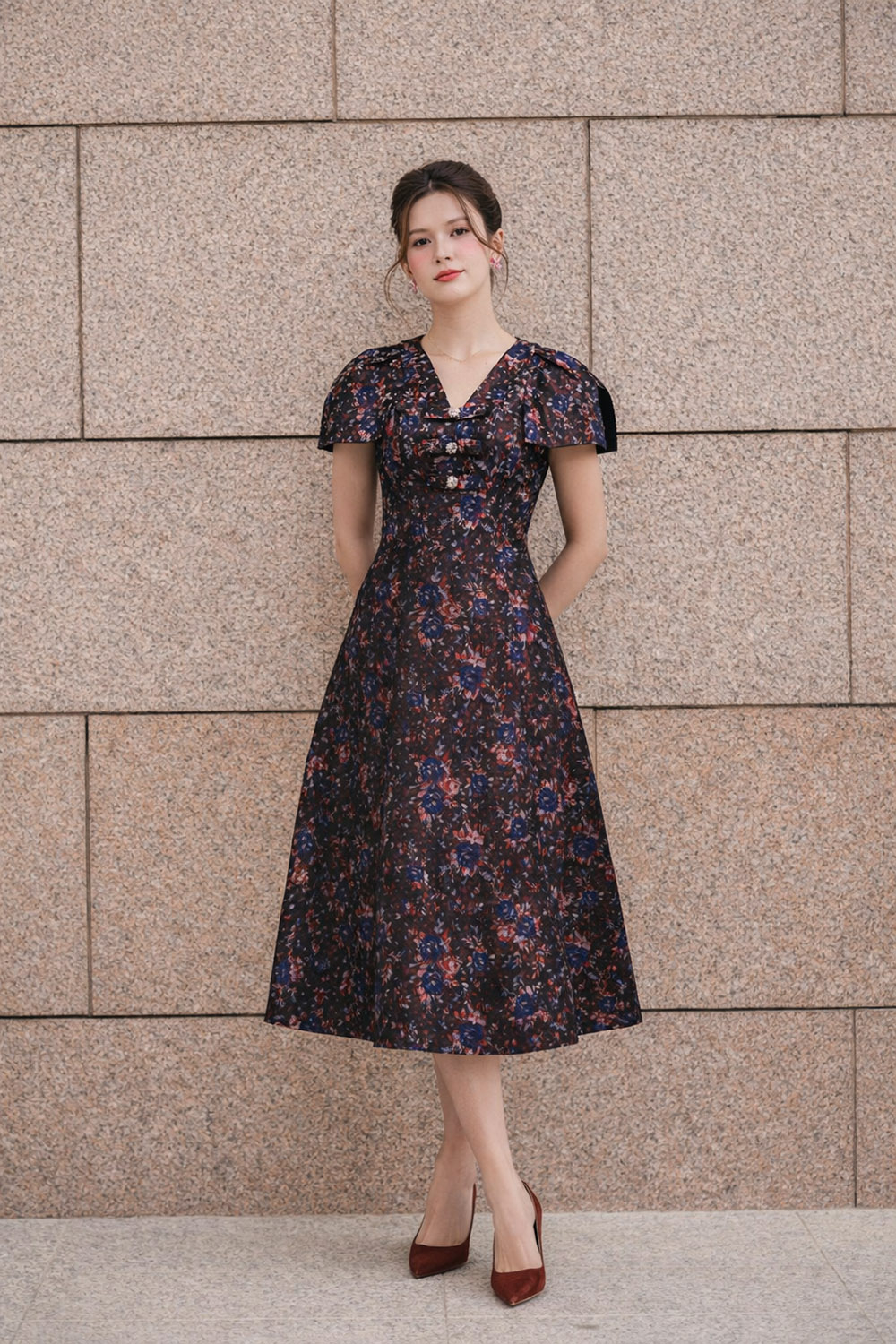 Đầm tafta hoa dự tiệc dáng xòe