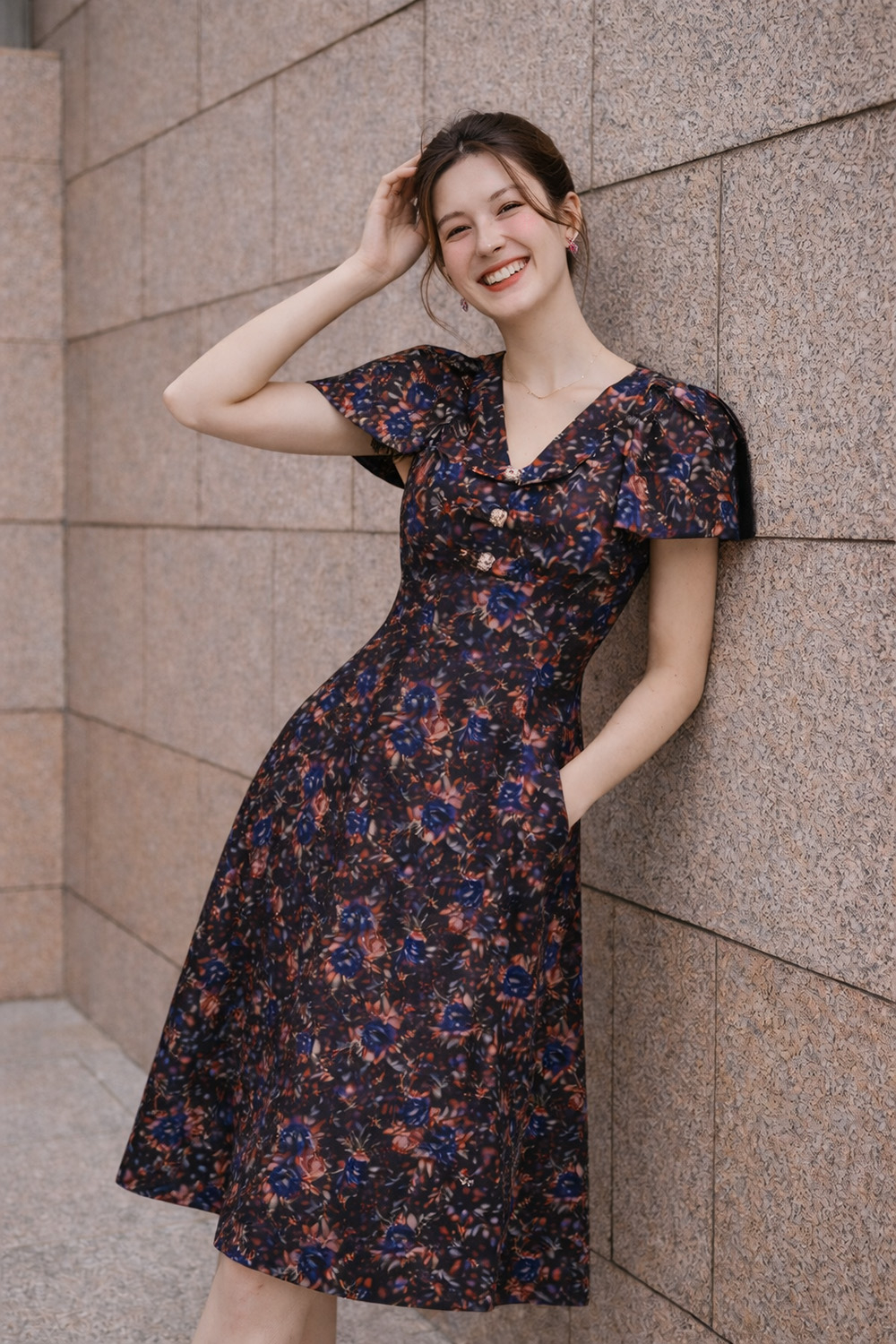 Đầm tafta hoa dự tiệc dáng xòe