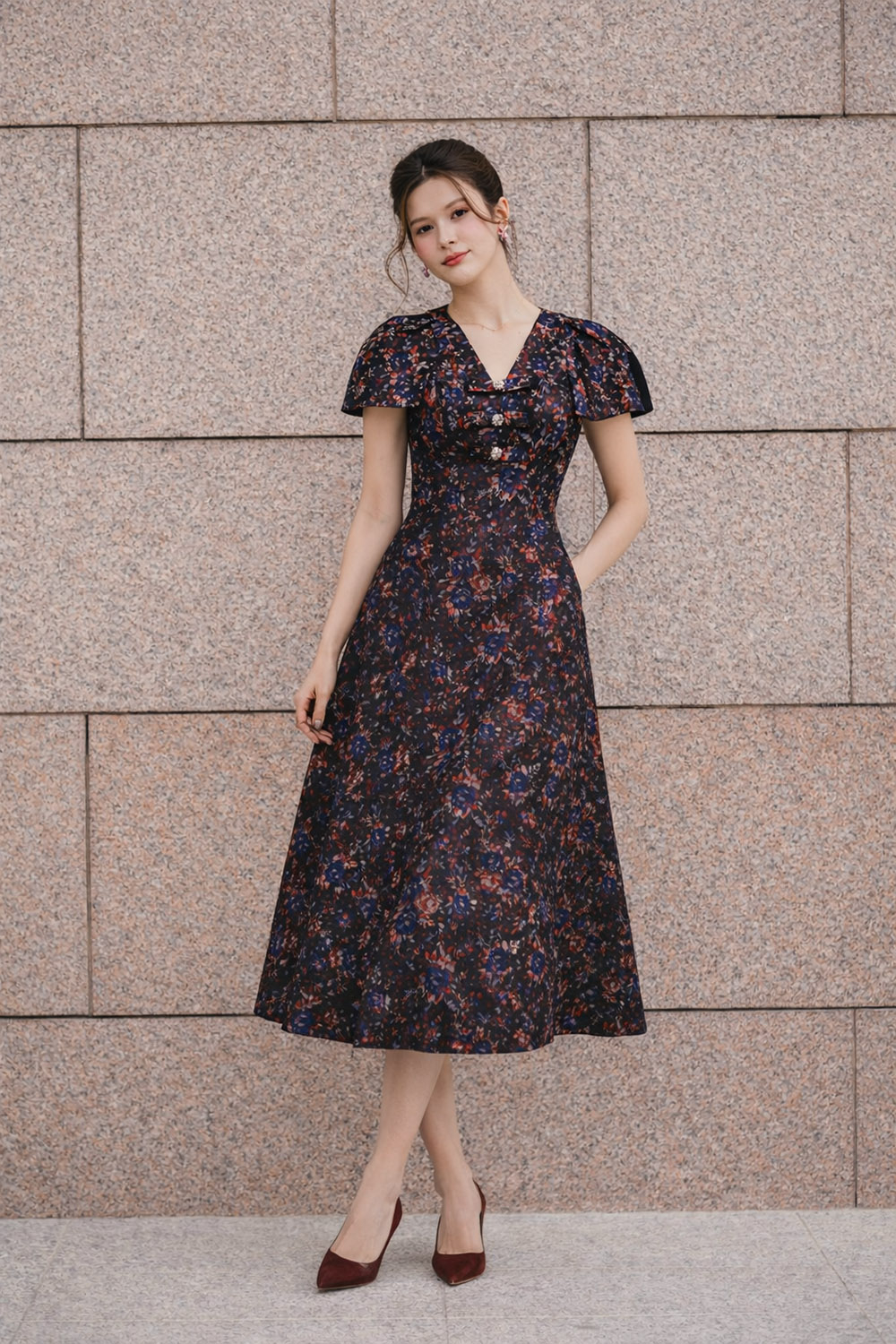 Đầm tafta hoa dự tiệc dáng xòe