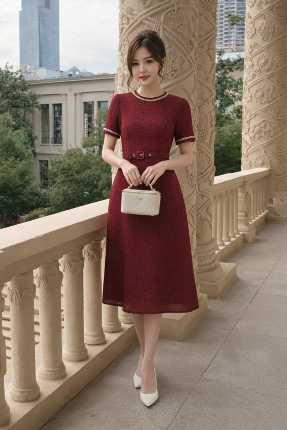 Đầm đỏ dáng dài cổ tròn phối viền trắng