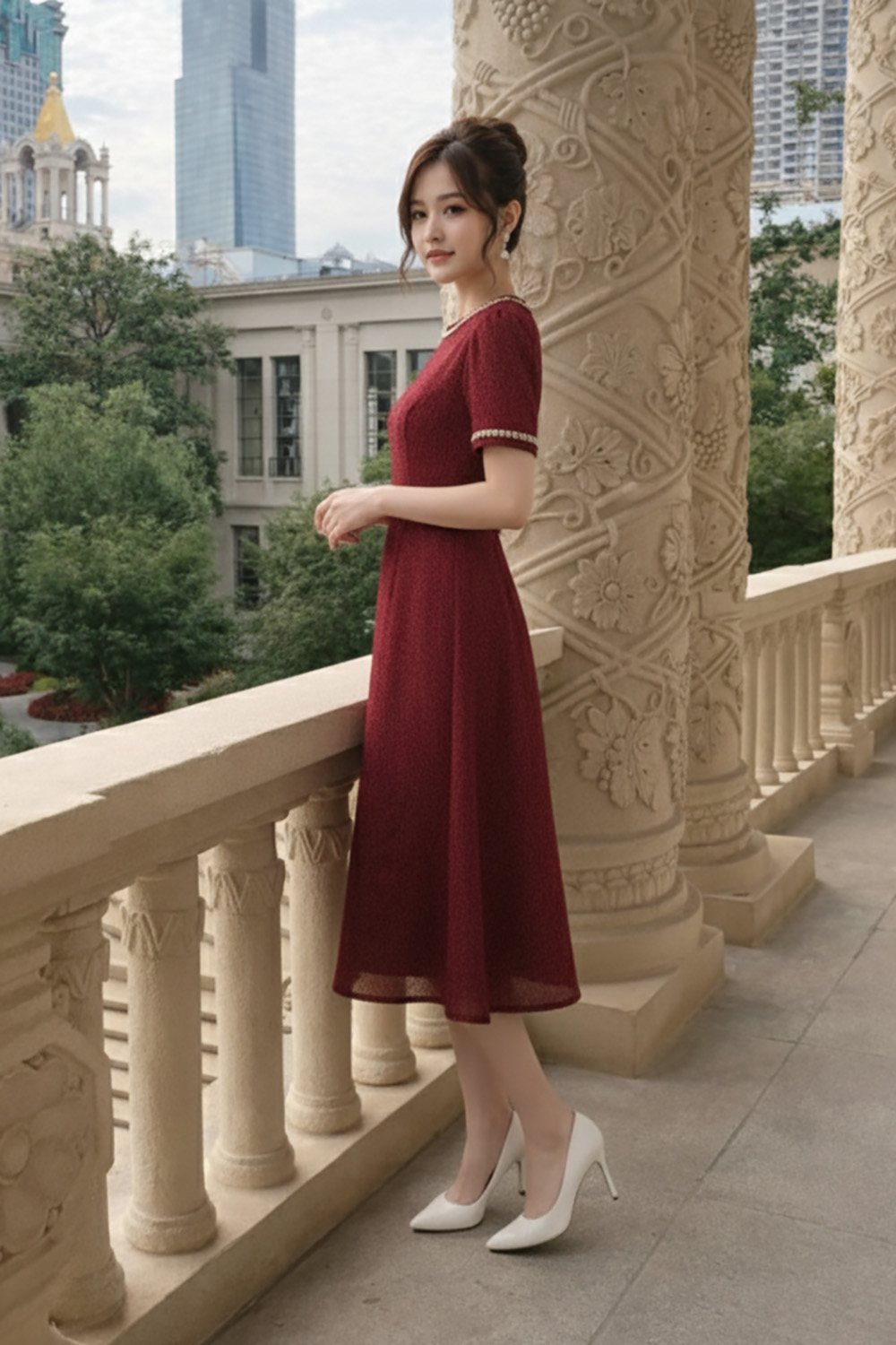 Đầm đỏ dáng dài cổ tròn phối viền trắng