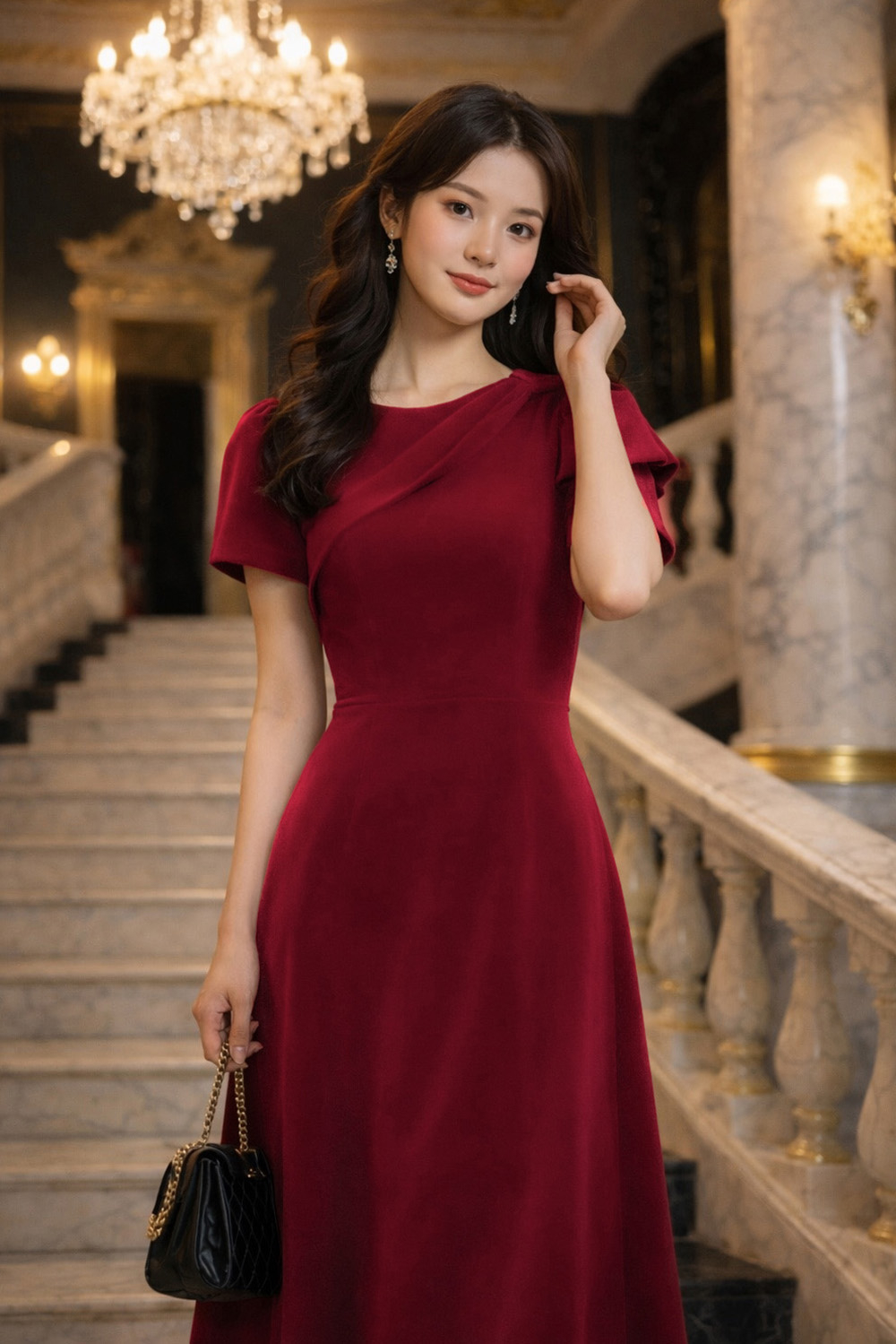 Đầm đỏ dự tiệc dáng A xòe phối nơ