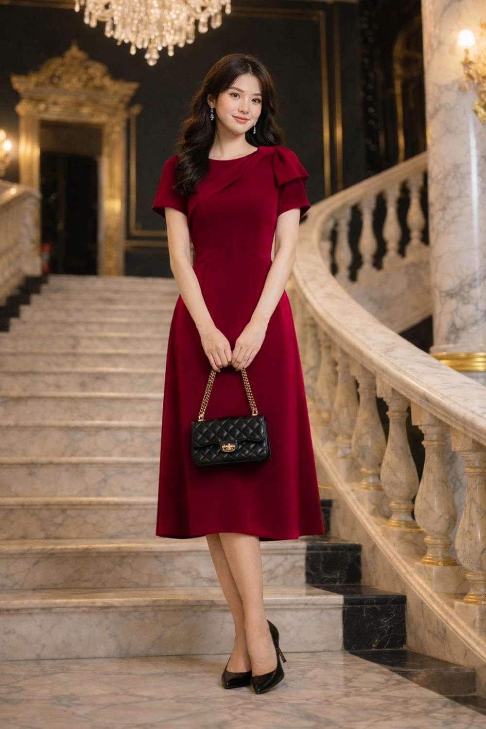 Đầm đỏ dự tiệc dáng A xòe phối nơ