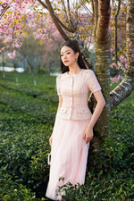 Chân váy lưới hồng dáng xòe dài