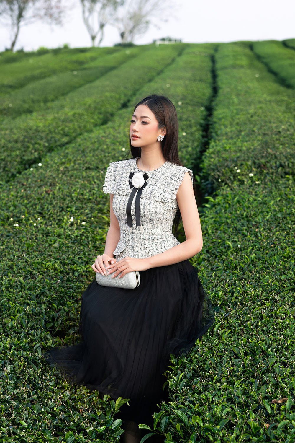 Đầm dự tiệc tweed phối lưới đính hoa