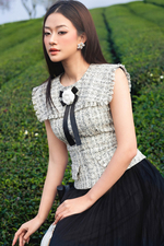 Đầm dự tiệc tweed phối lưới đính hoa