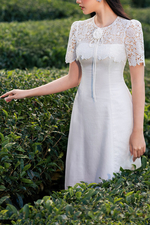 Đầm trắng dự tiệc phối ren đính hoa