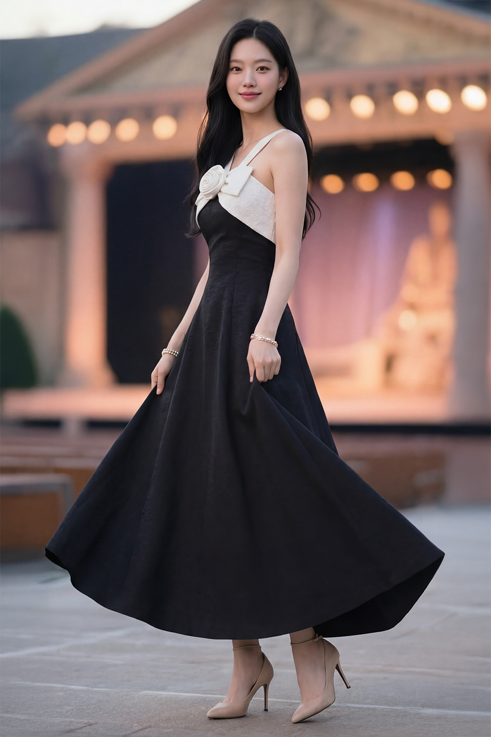 Đầm đen dự tiệc 2 dây đính nơ hoa trắng