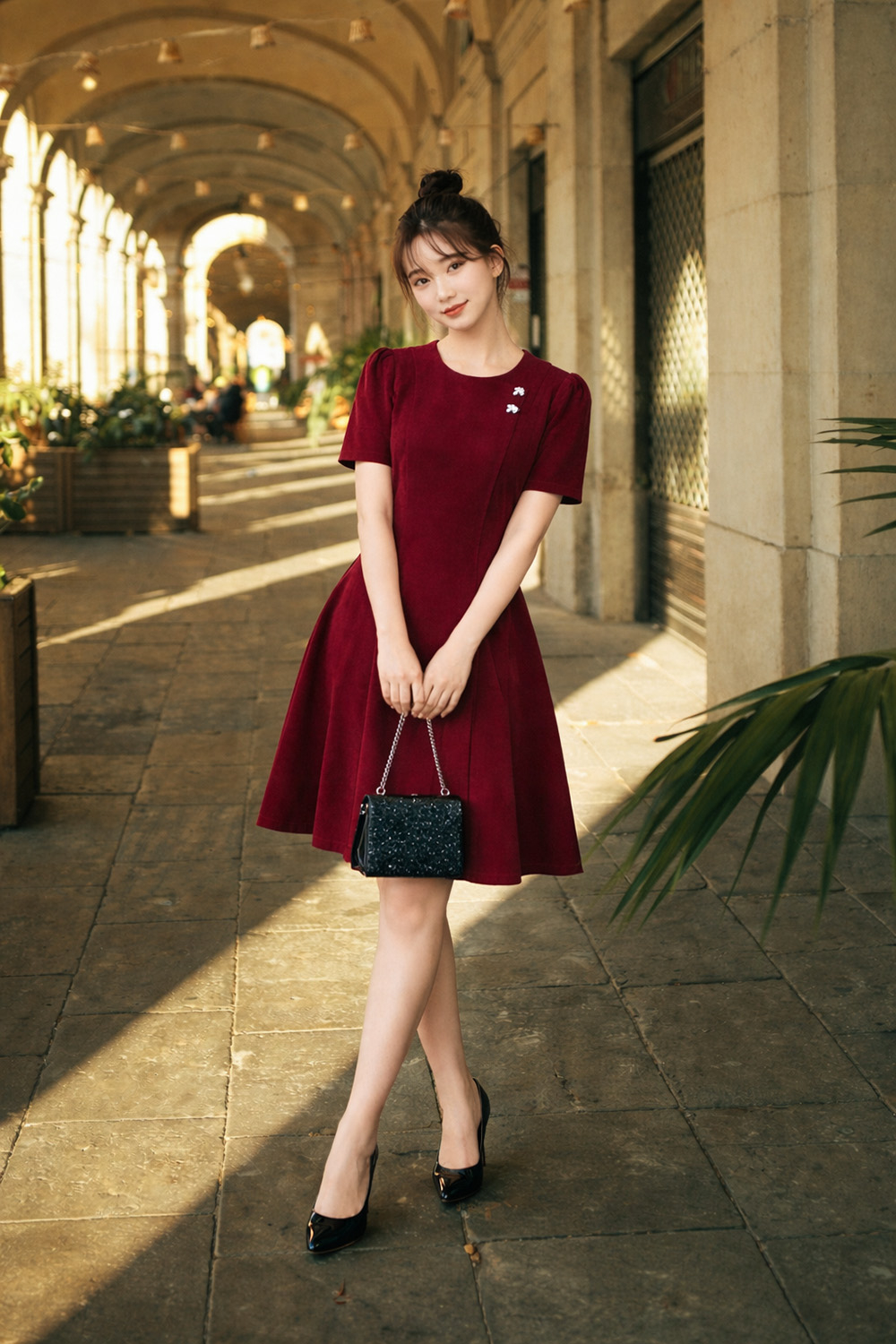 Đầm đỏ dự tiệc dáng xòe phối nút