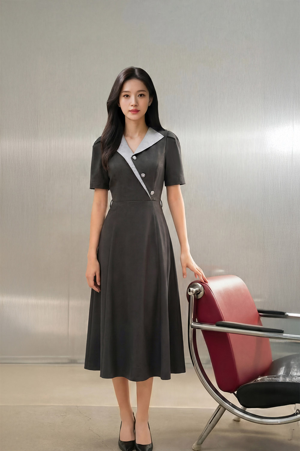 Đầm xám công sở dáng xòe phối màu