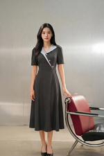 Đầm xám công sở dáng xòe phối màu
