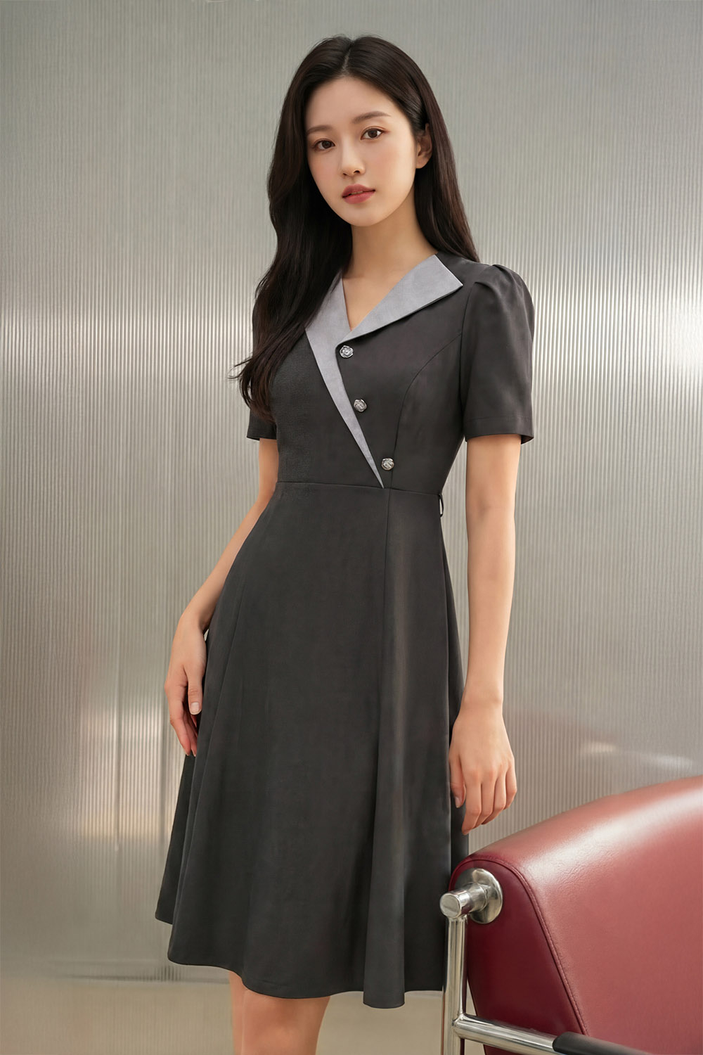 Đầm xám công sở dáng xòe phối màu