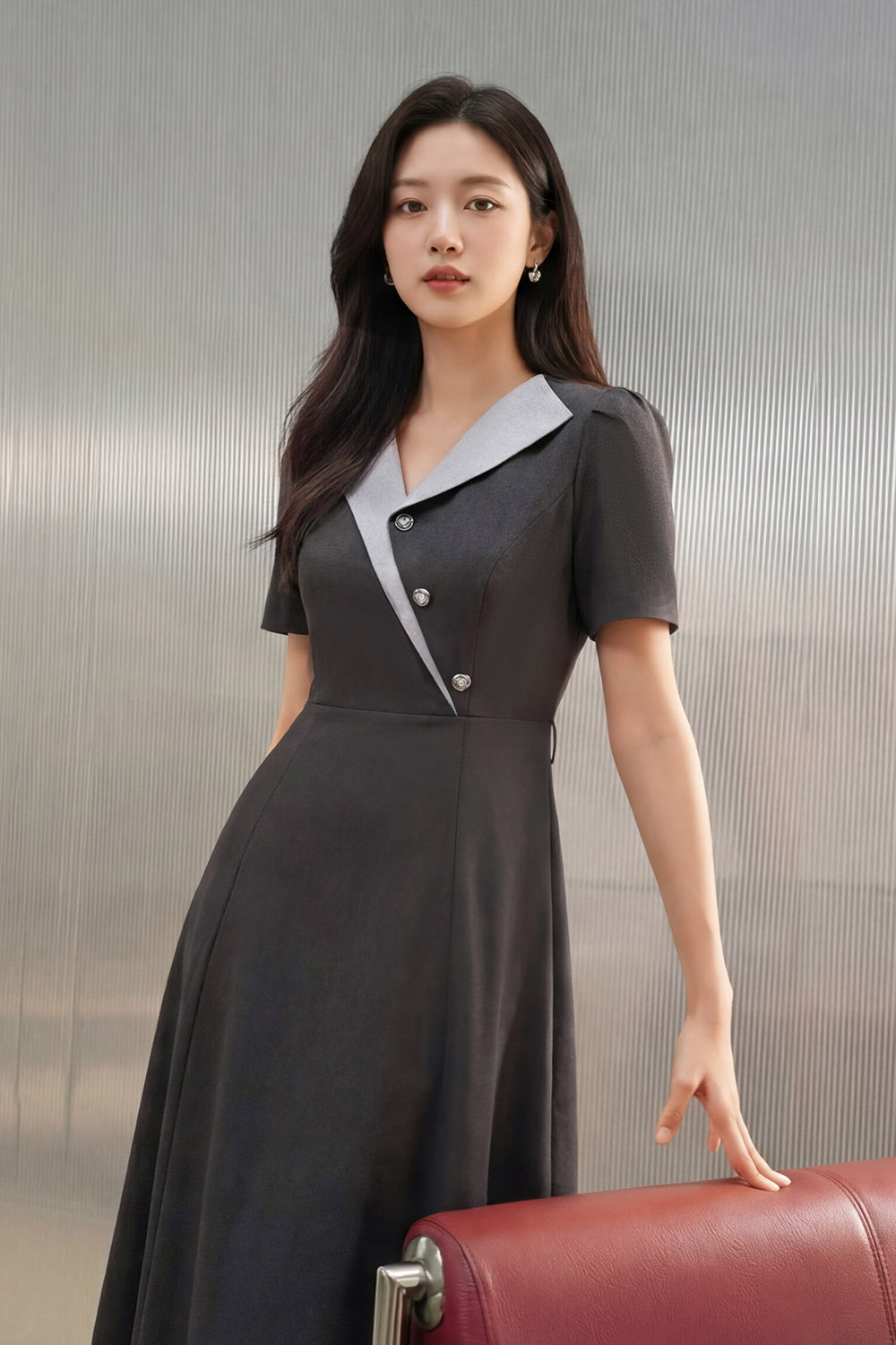 Đầm xám công sở dáng xòe phối màu