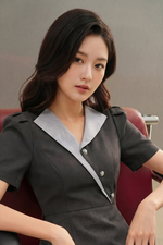 Đầm xám công sở dáng xòe phối màu