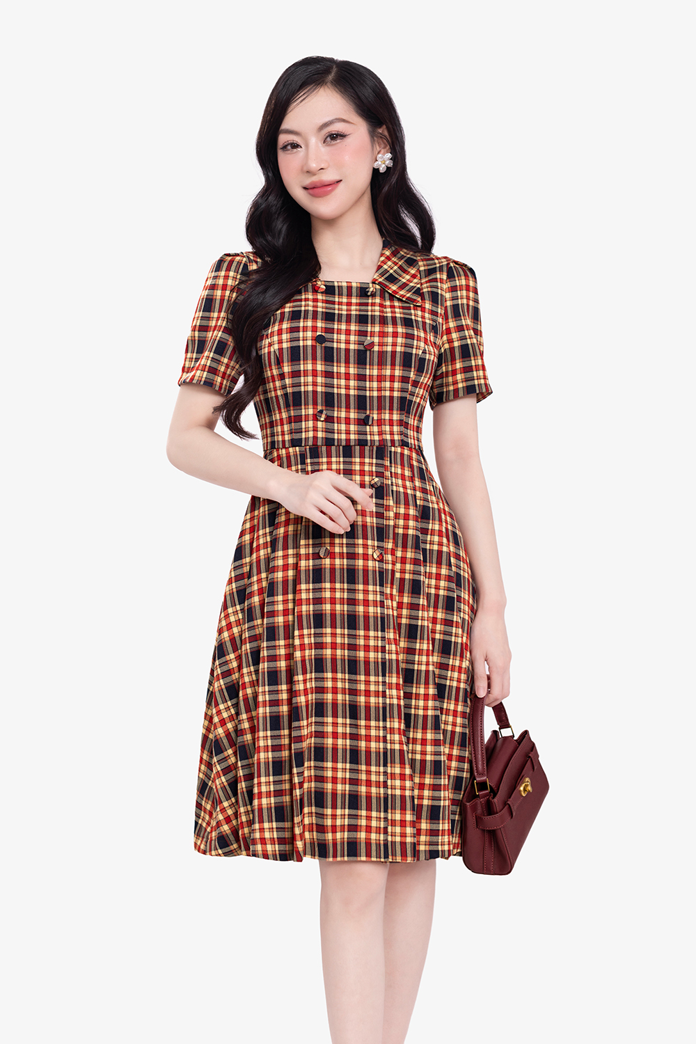 Đầm họa tiết caro dáng chữ A