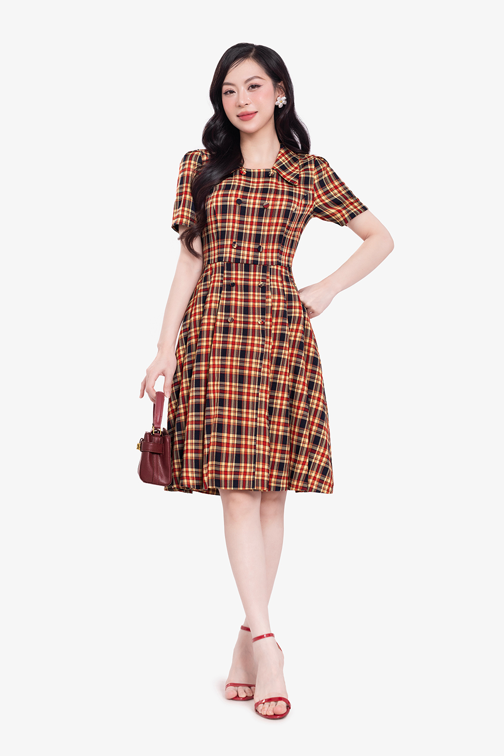 Đầm họa tiết caro dáng chữ A