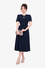 Đầm xòe xanh đen đính cổ áo choàng