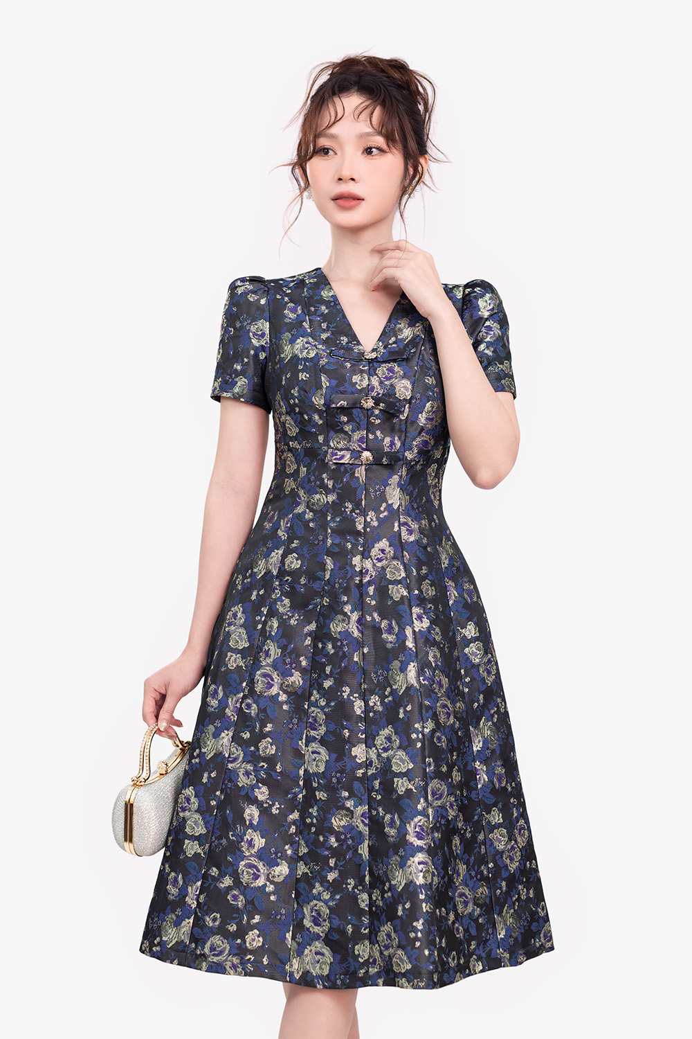 Đầm dự tiệc tafta hoa dáng xòe