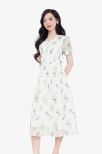 Đầm trắng hoa nhí xanh dáng xòe cổ V