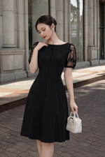 Đầm đen dáng chữ A tay ngắn phối ren