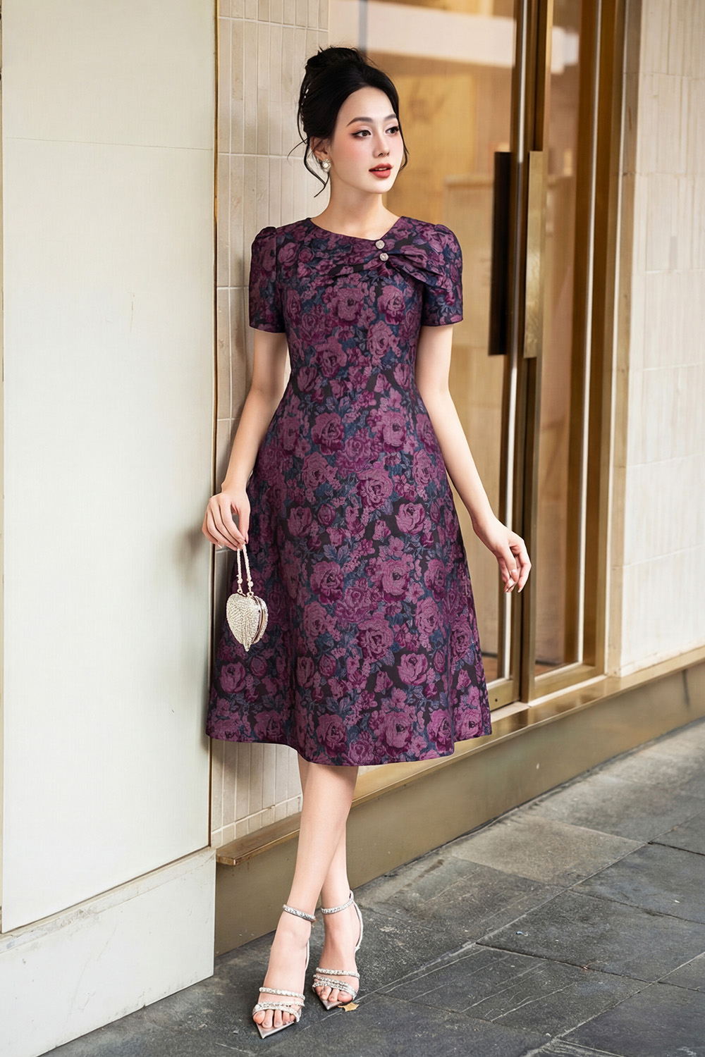 Đầm dự tiệc tafta hoa dáng chữ A