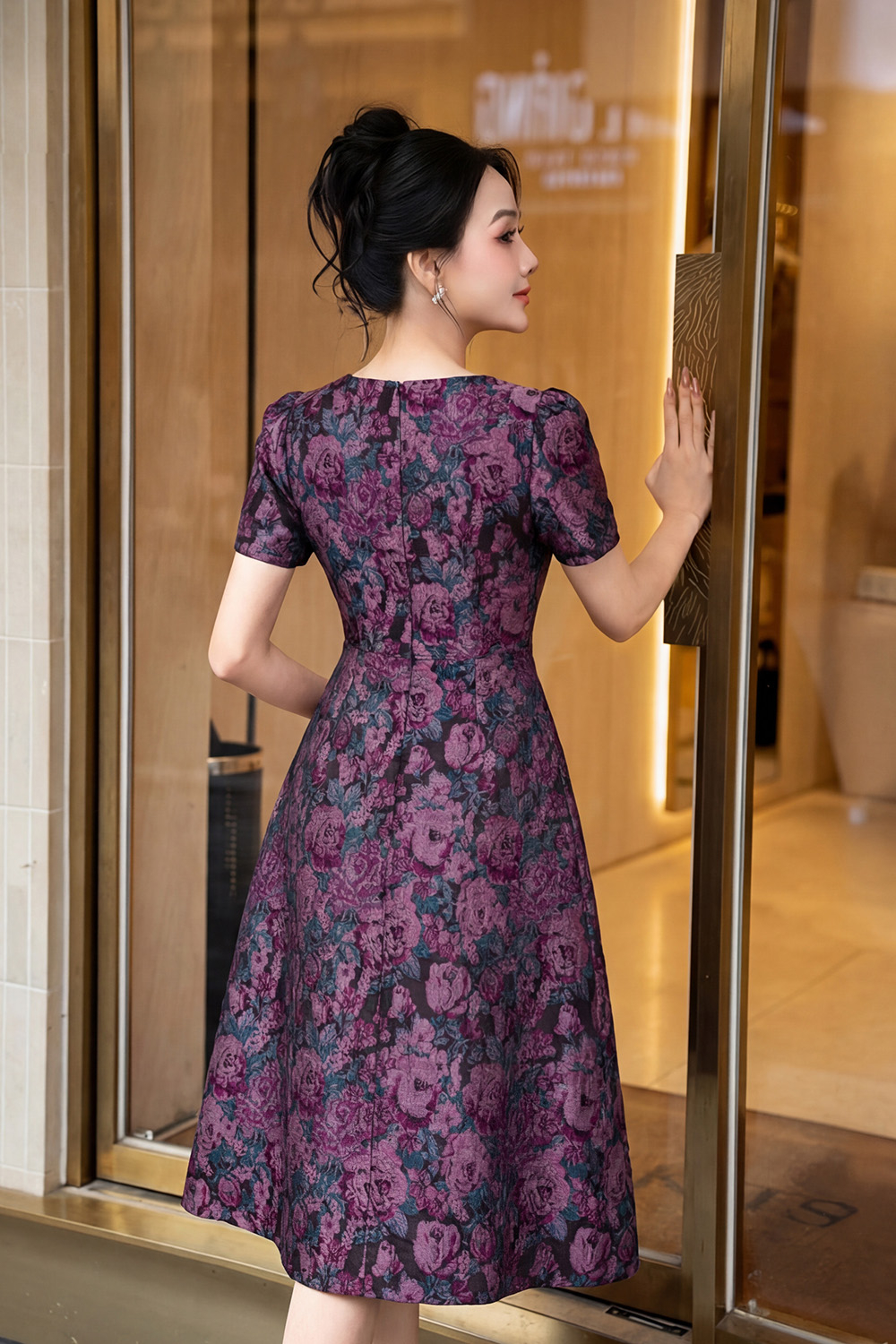 Đầm dự tiệc tafta hoa dáng chữ A