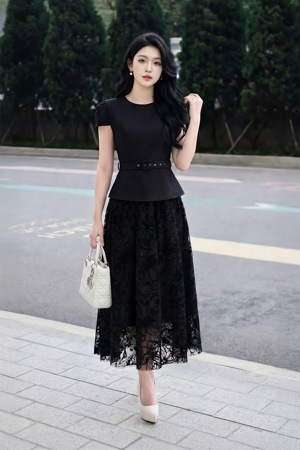 Đầm peplum đen đi tiệc phối lưới