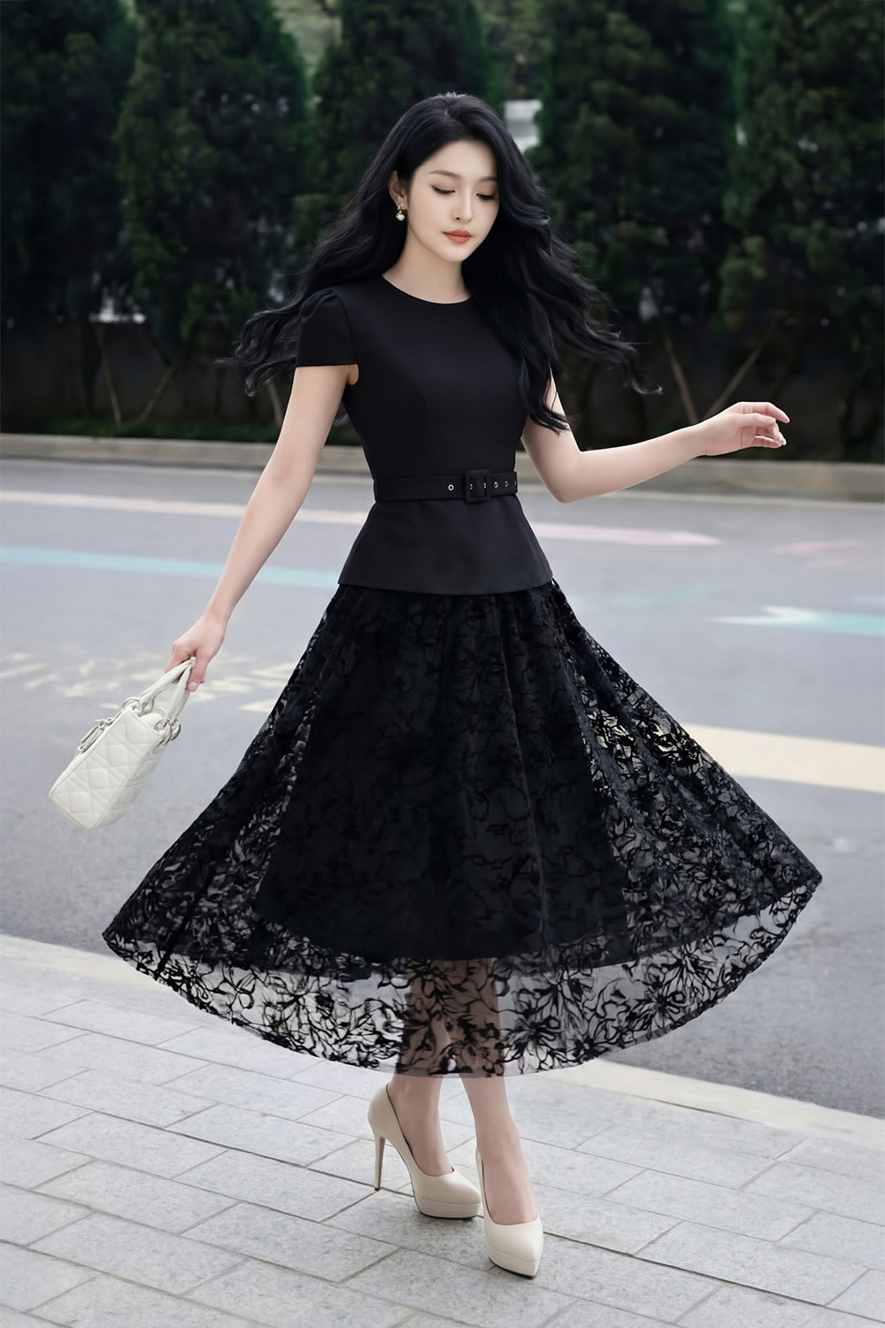 Đầm peplum đen đi tiệc phối lưới