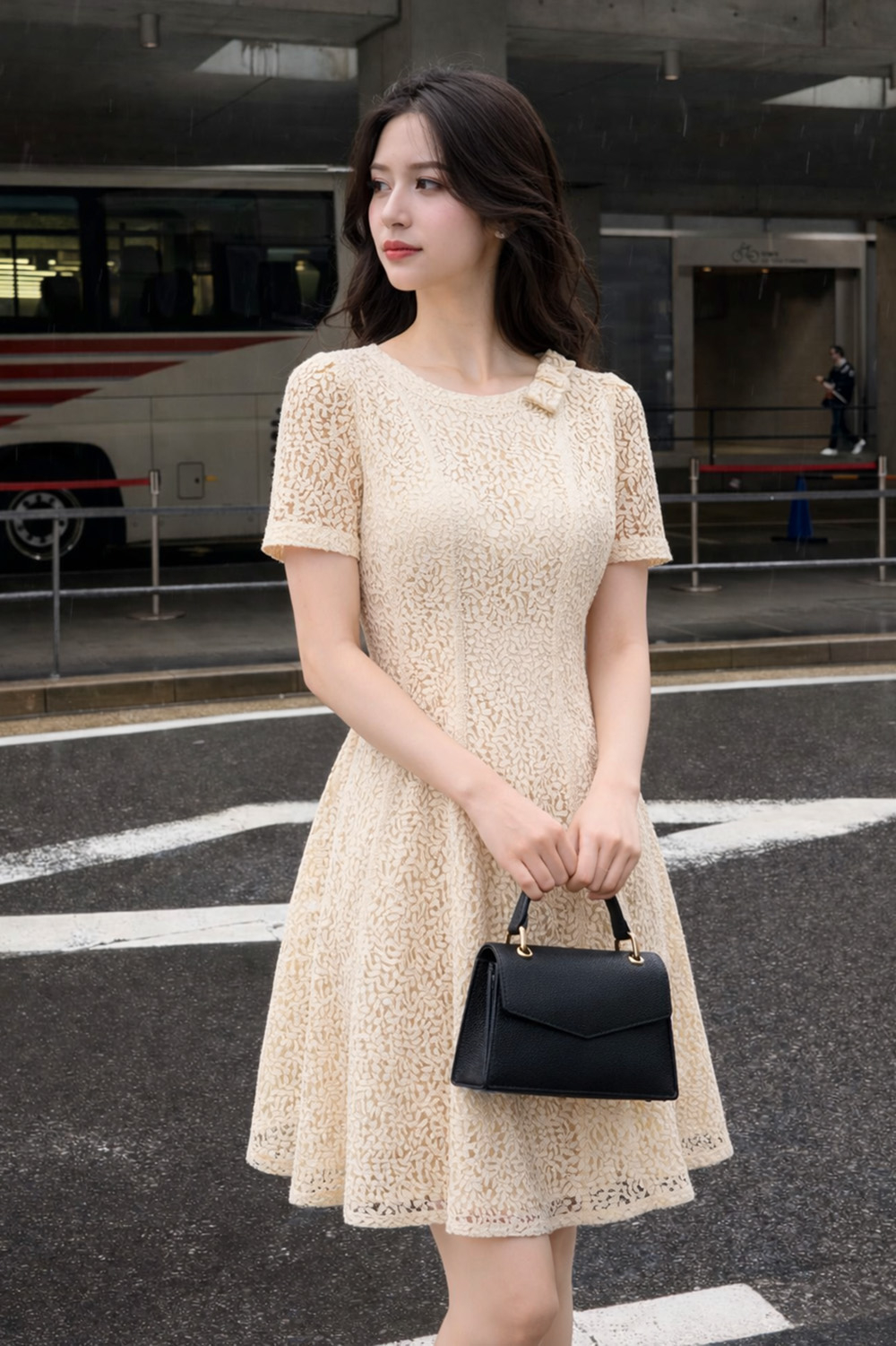 Đầm ren kem dự tiệc cổ tròn dáng xòe ngắn