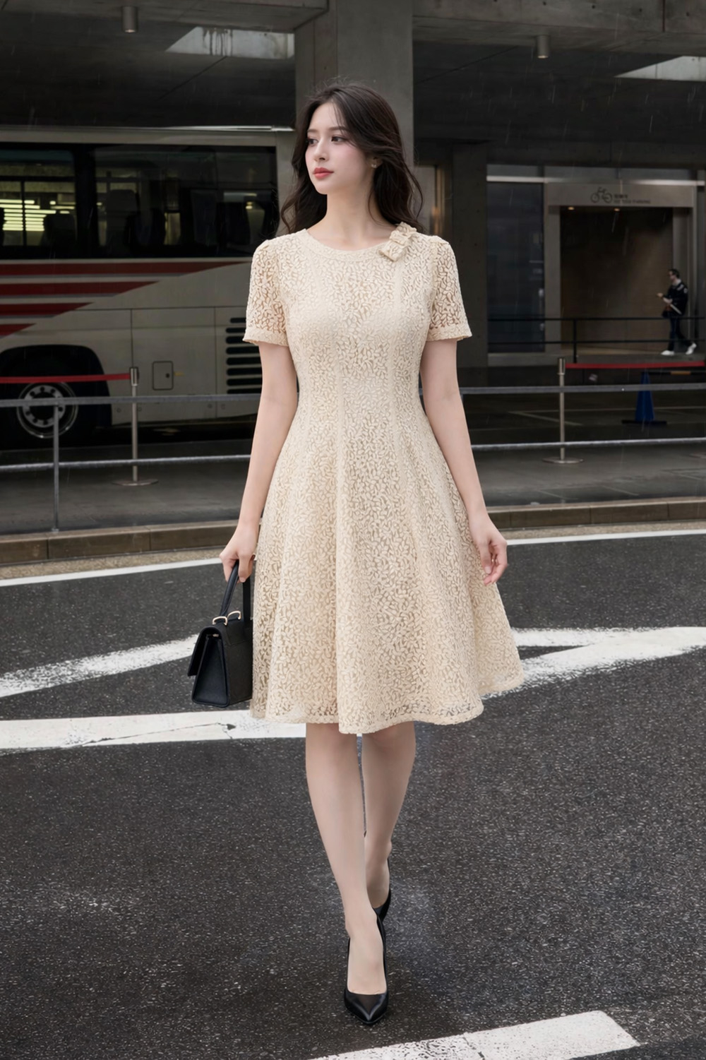 Đầm ren kem dự tiệc cổ tròn dáng xòe ngắn