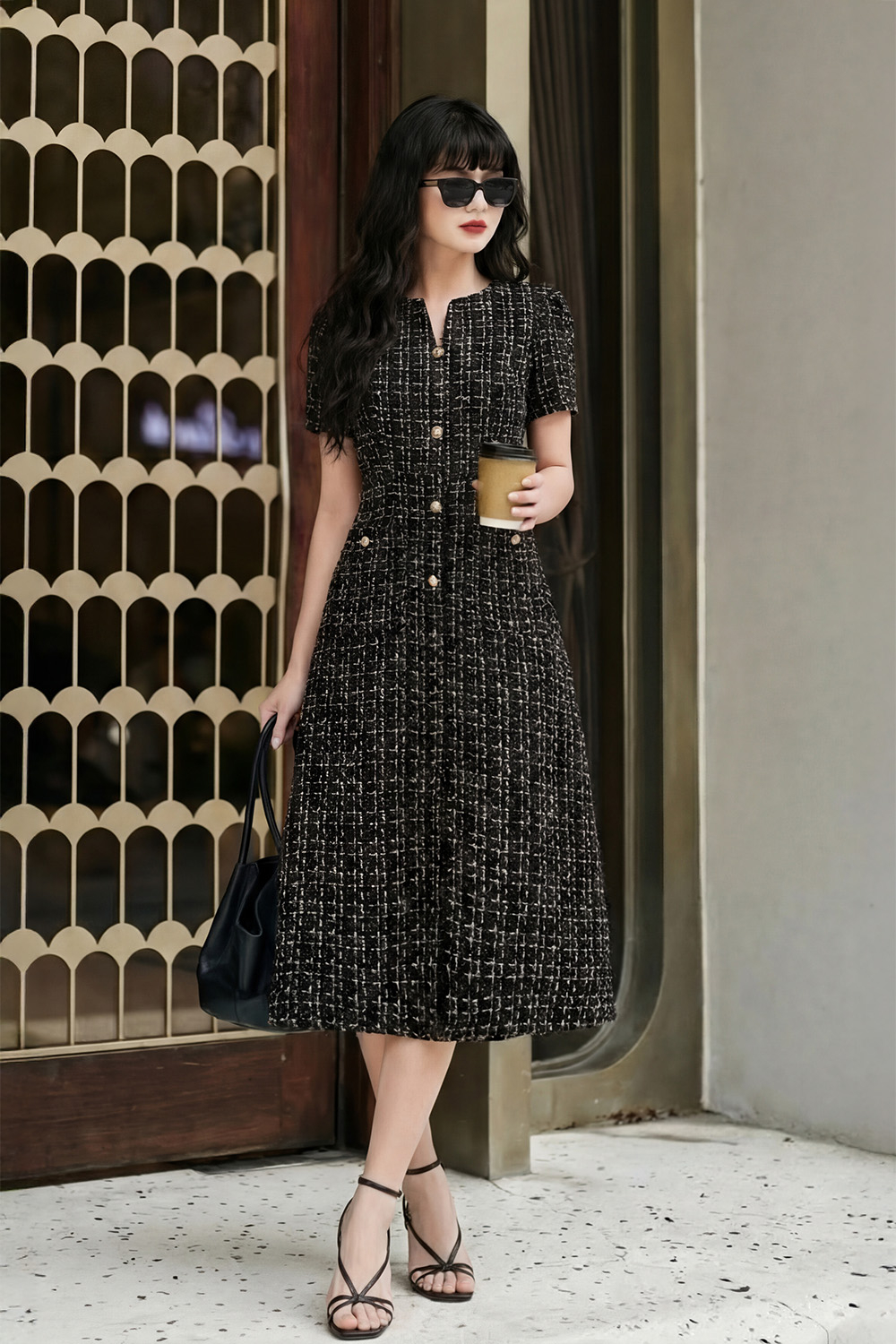 Đầm tweed dáng chữ A phối nút